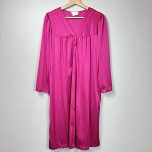 Miss Elaine VTG Women's Pink  Button Up Silky Embroidered Robe Housecoat Small‎